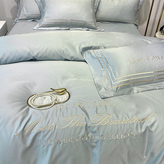 HKM-619091 Embroidered Tencel Quilt Cover Set in European Washed Cotton - 4-Piece Scandinavian Floral Design