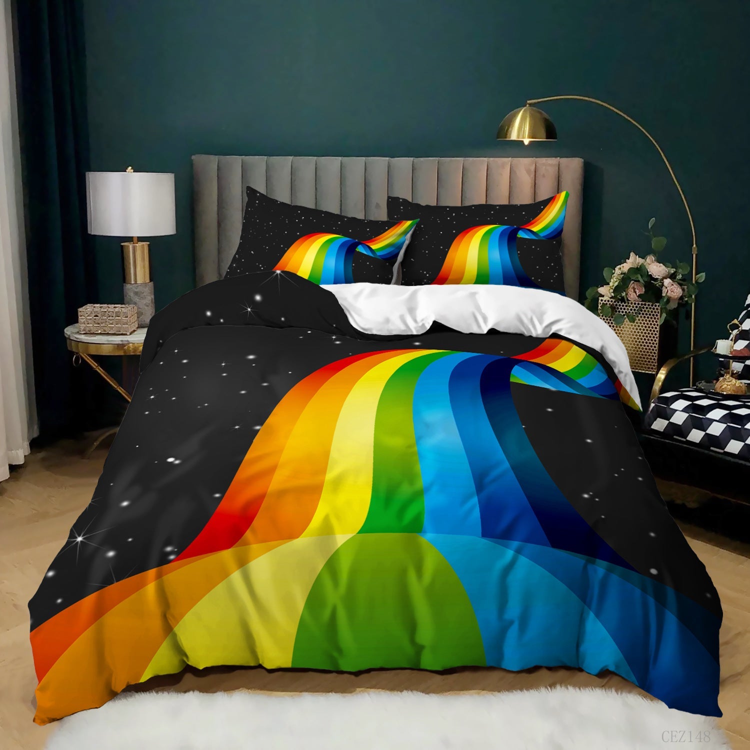 HKM-620243 Music Rainbow 3D Digital Print Bed Sheet Set - Modern Chemical Fiber Design in Multiple Dimensions