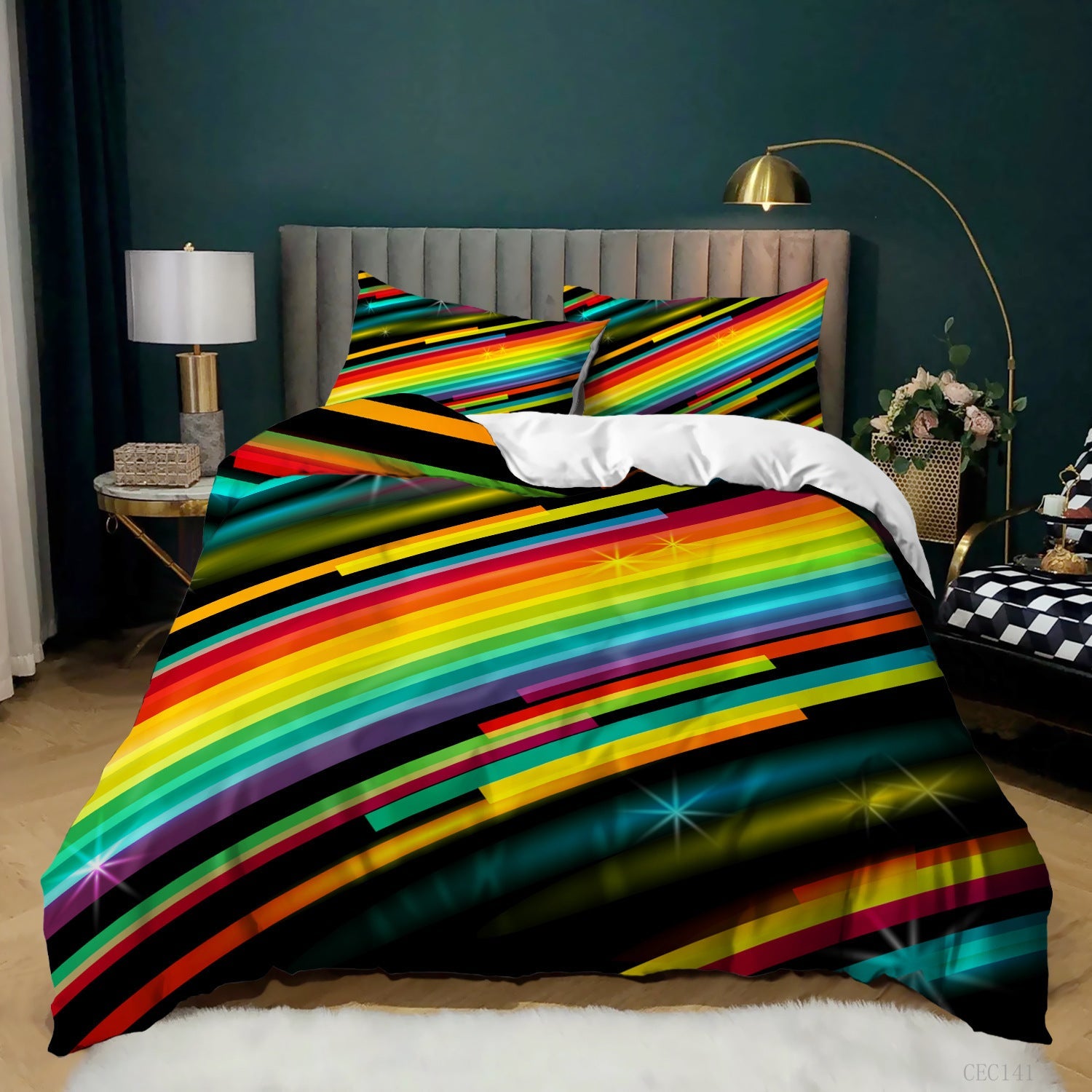 HKM-620243 Music Rainbow 3D Digital Print Bed Sheet Set - Modern Chemical Fiber Design in Multiple Dimensions