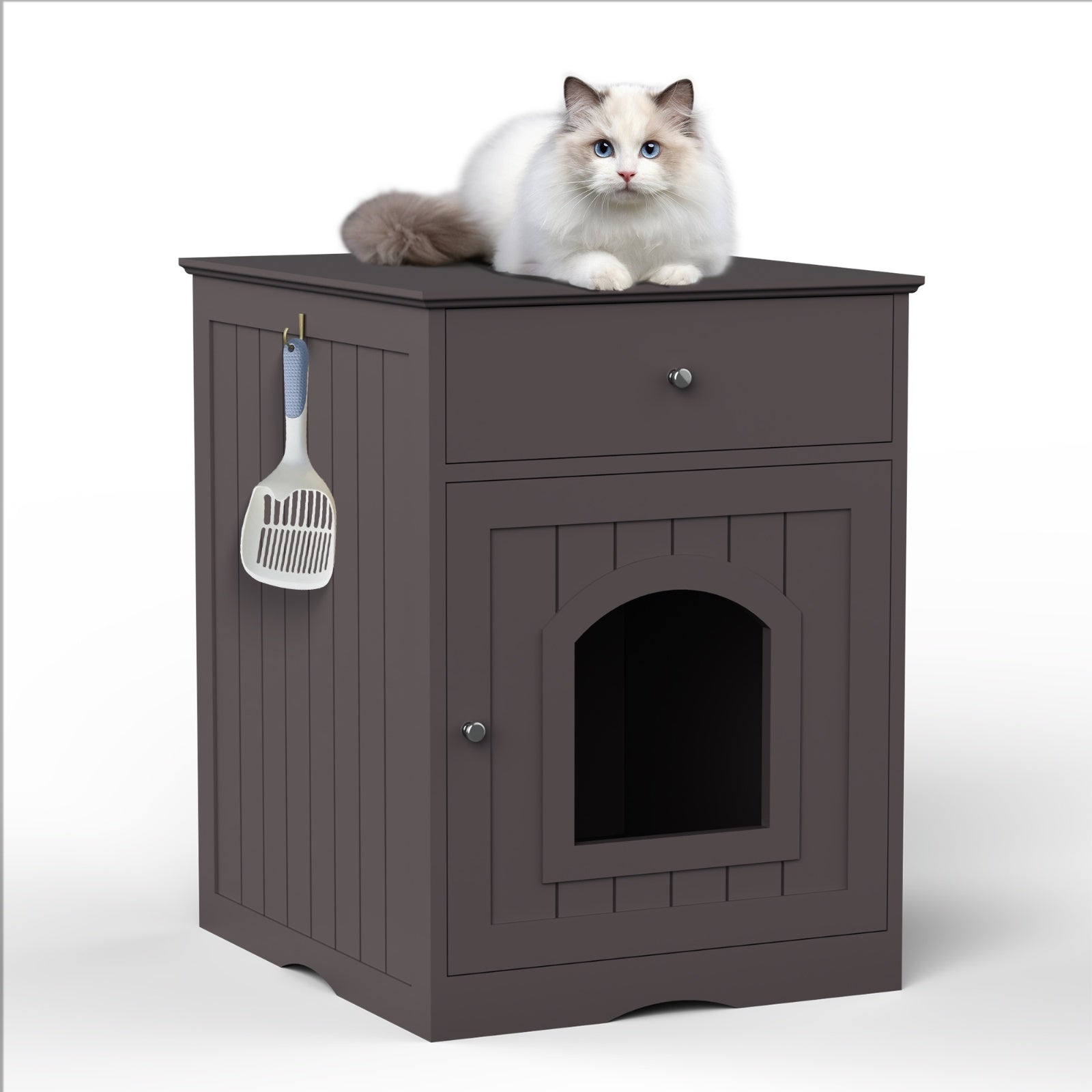 HKM-620243 Wooden Cat Litter Box Enclosure with Storage Drawer and Side Table in Brown