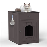 HKM-620243 Wooden Cat Litter Box Enclosure with Storage Drawer and Side Table in Brown