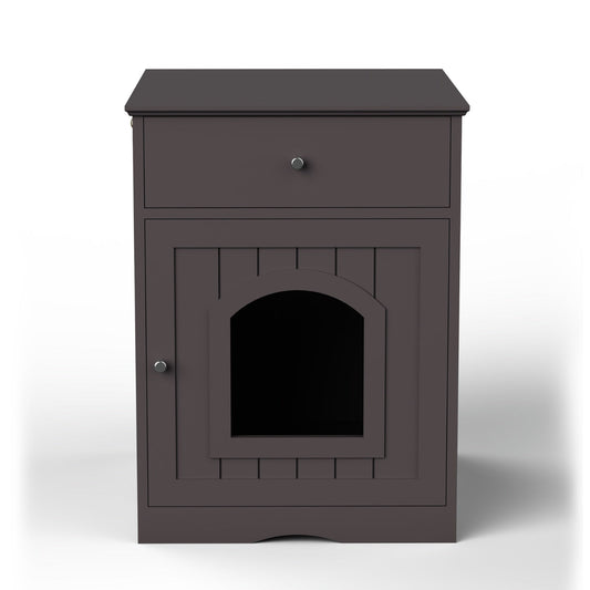 HKM-620243 Wooden Cat Litter Box Enclosure with Storage Drawer and Side Table in Brown