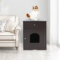 HKM-620243 Wooden Cat Litter Box Enclosure with Storage Drawer and Side Table in Brown