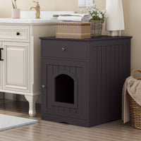 HKM-620243 Wooden Cat Litter Box Enclosure with Storage Drawer and Side Table in Brown