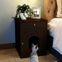 HKM-620243 Wooden Cat Litter Box Enclosure with Storage Drawer and Side Table in Brown