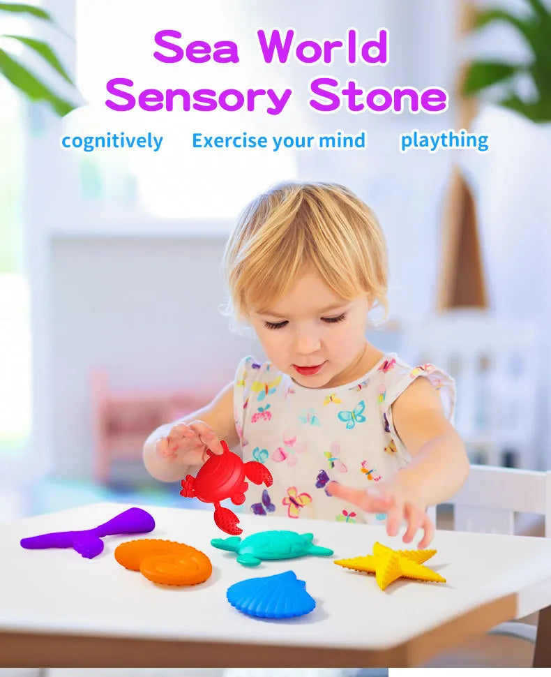 HKM-621395 Ocean Animal Sensory Worry Stones - Silicone Fidget Toy for Kids, Stress Relief and Anxiety Reduction