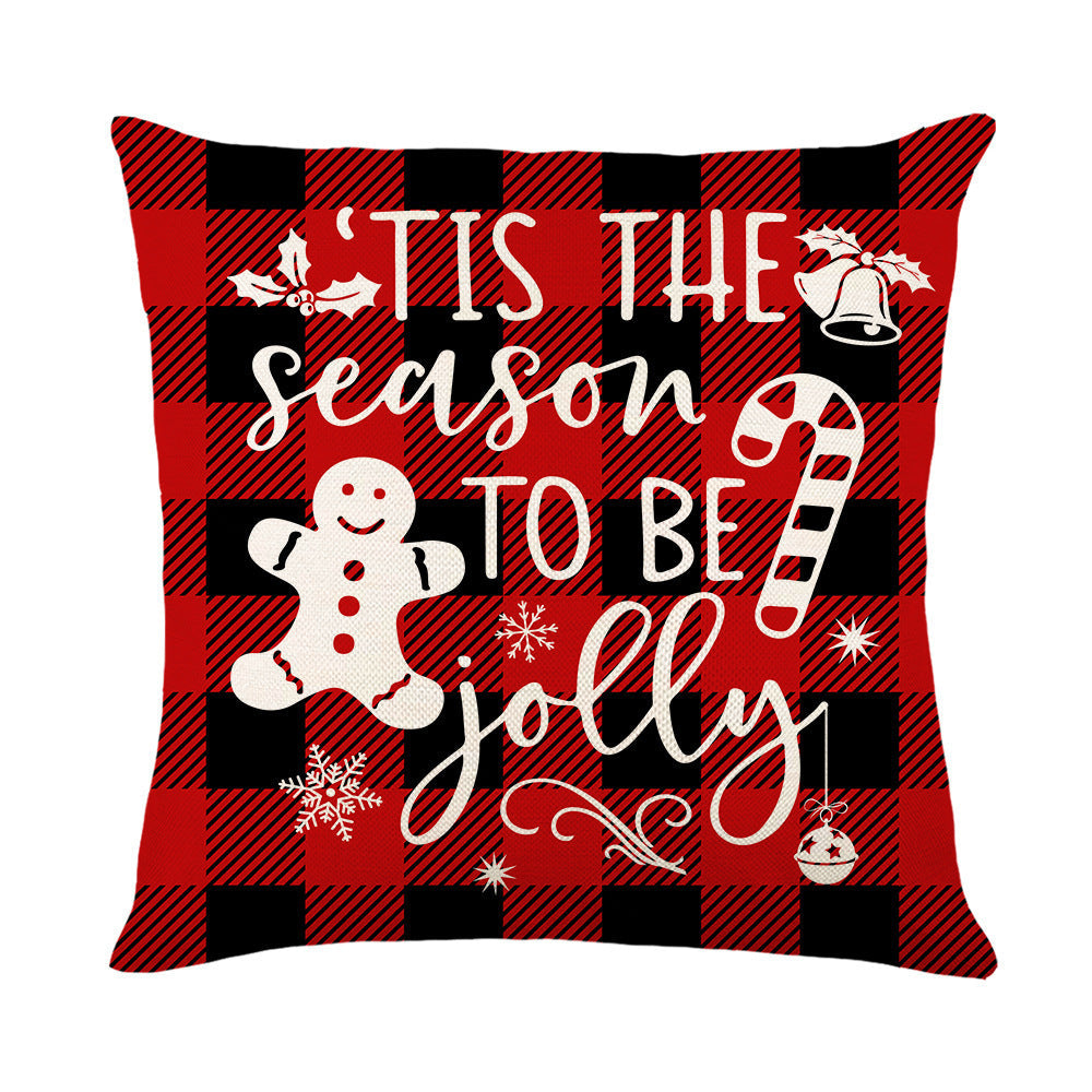 HKM-621459 Christmas Red and Black Plaid Linen Throw Pillow Cover - 45x45cm Polyester Design with Snowflakes and Cartoon Patterns