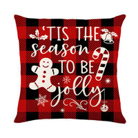 HKM-621459 Christmas Red and Black Plaid Linen Throw Pillow Cover - 45x45cm Polyester Design with Snowflakes and Cartoon Patterns