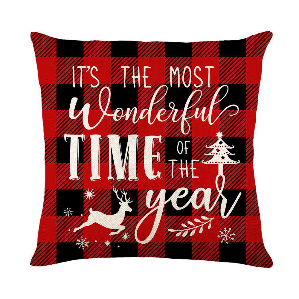 HKM-621459 Christmas Red and Black Plaid Linen Throw Pillow Cover - 45x45cm Polyester Design with Snowflakes and Cartoon Patterns