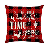HKM-621459 Christmas Red and Black Plaid Linen Throw Pillow Cover - 45x45cm Polyester Design with Snowflakes and Cartoon Patterns