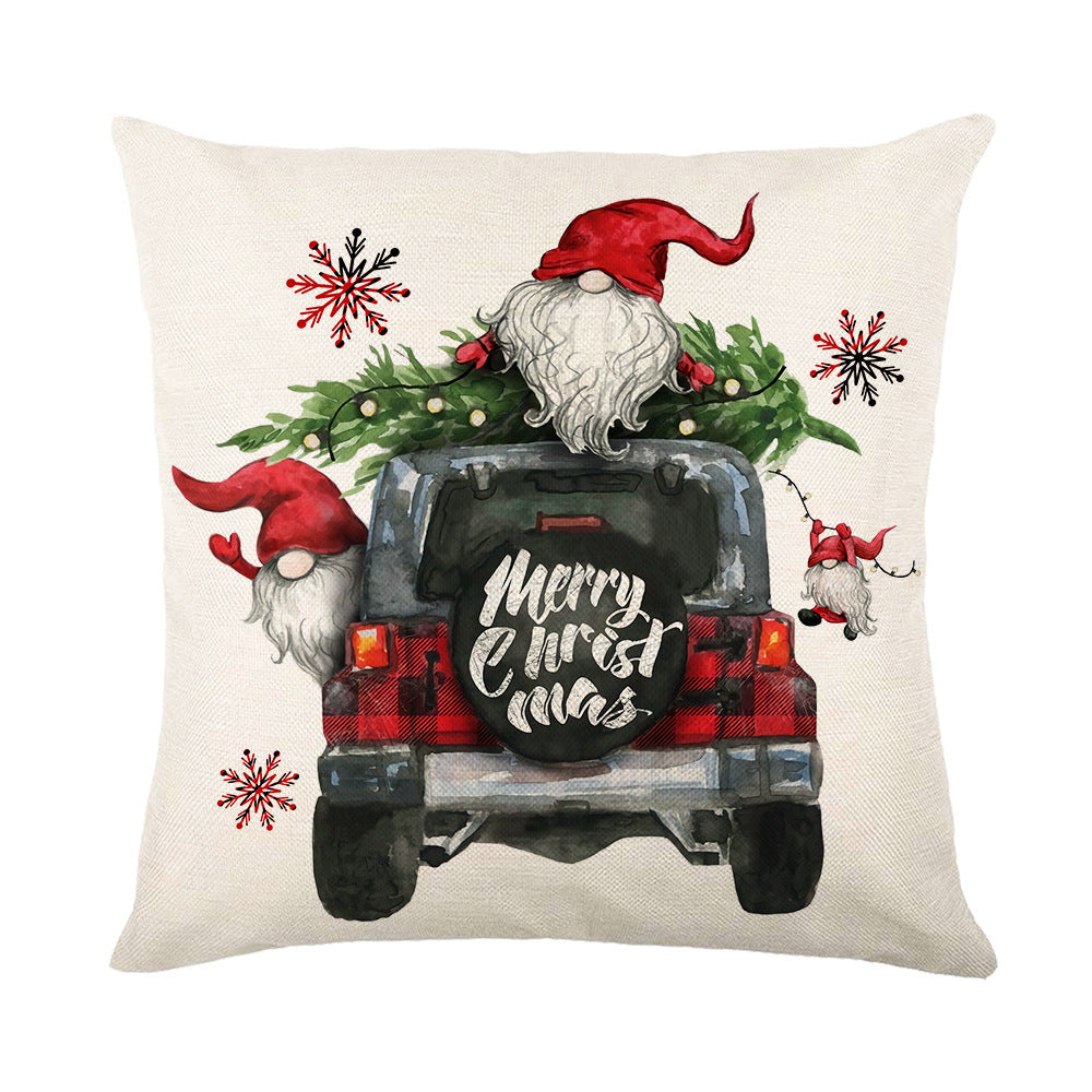 HKM-621459 Christmas Red and Black Plaid Linen Throw Pillow Cover - 45x45cm Polyester Design with Snowflakes and Cartoon Patterns