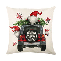 HKM-621459 Christmas Red and Black Plaid Linen Throw Pillow Cover - 45x45cm Polyester Design with Snowflakes and Cartoon Patterns
