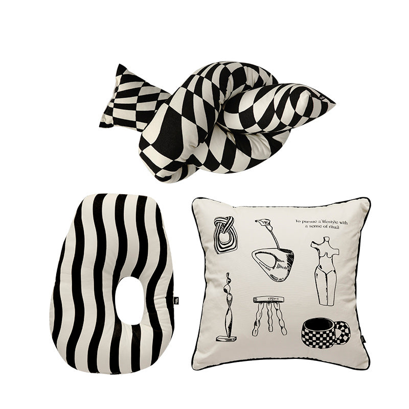 HKM-621523 Checkerboard Cotton Pillow for Modern Home Decor - Square Shape, Various Styles, Includes Filling
