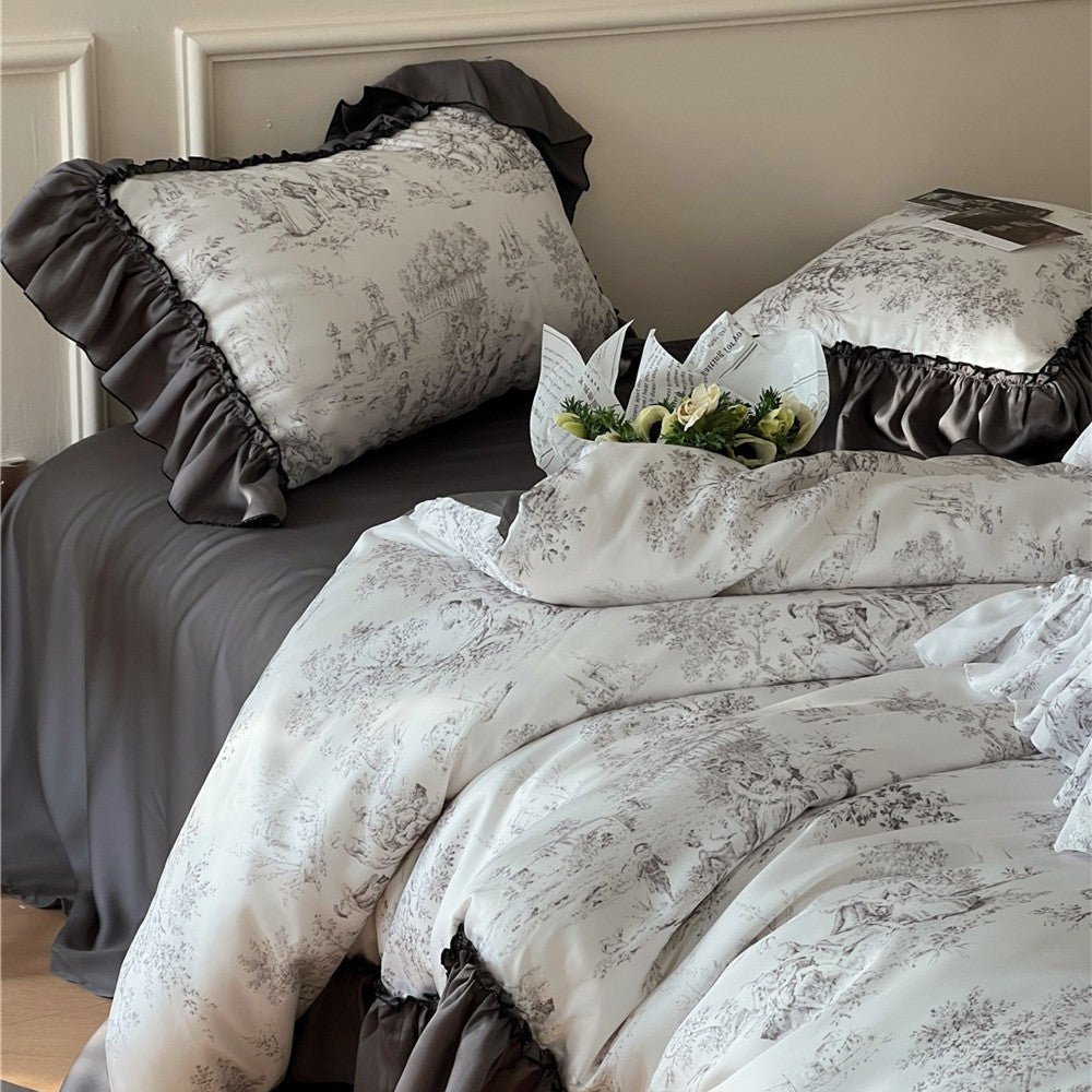 HKM-621715 Elegant Lyocell Fiber Lace Bedding Set - Available in White and Purple, Multiple Sizes