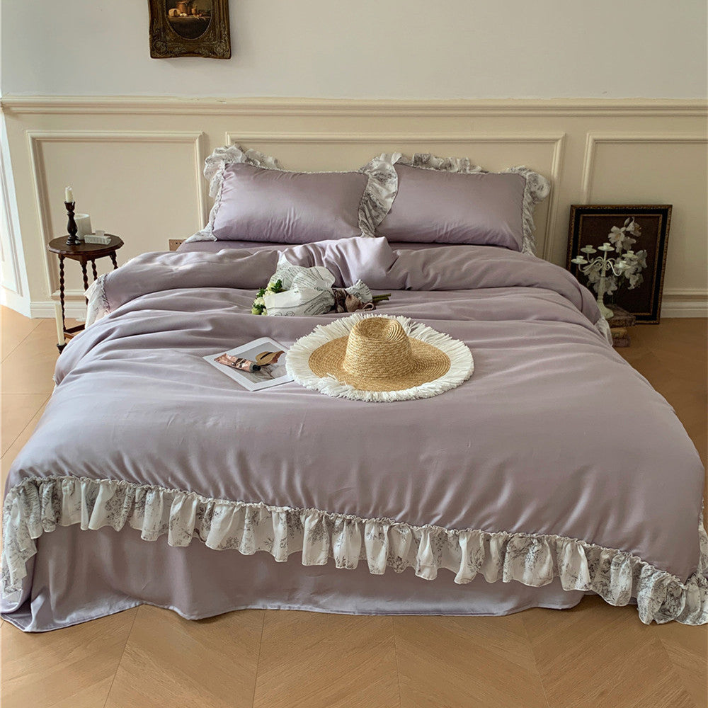 HKM-621715 Elegant Lyocell Fiber Lace Bedding Set - Available in White and Purple, Multiple Sizes