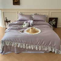 HKM-621715 Elegant Lyocell Fiber Lace Bedding Set - Available in White and Purple, Multiple Sizes