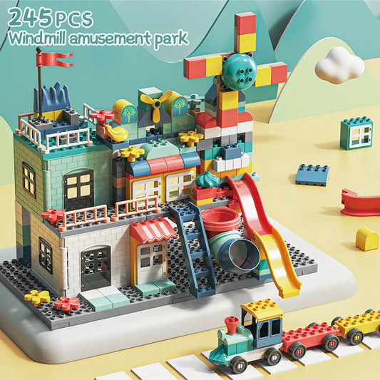 HKM-621971 Building Block Set with Changeable Windmill and Train Track for Amusement Park Fun - 245 Pieces