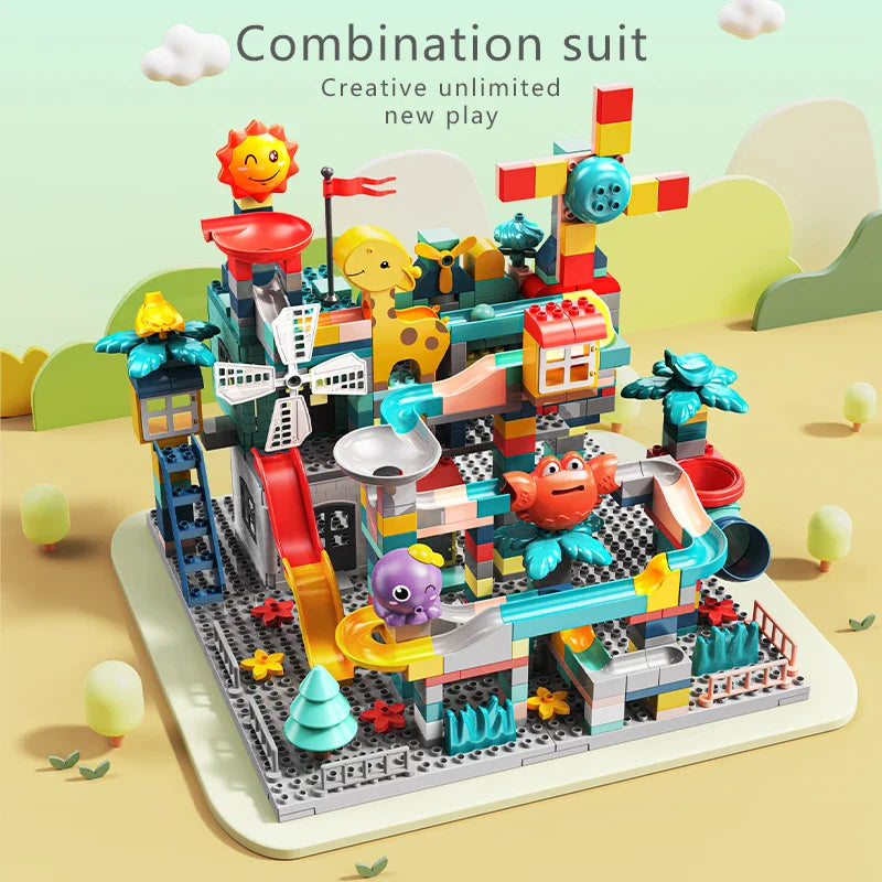 HKM-621971 Building Block Set with Changeable Windmill and Train Track for Amusement Park Fun - 245 Pieces