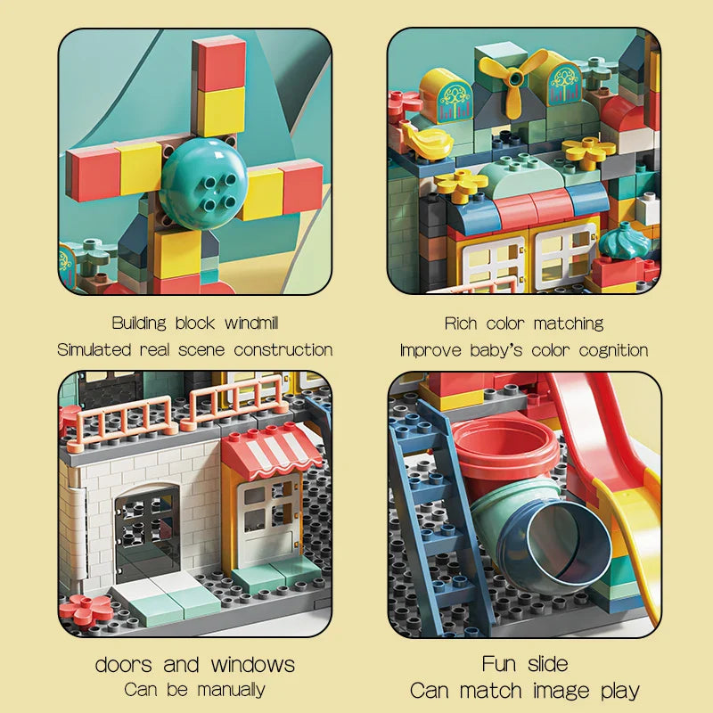 HKM-621971 Building Block Set with Changeable Windmill and Train Track for Amusement Park Fun - 245 Pieces