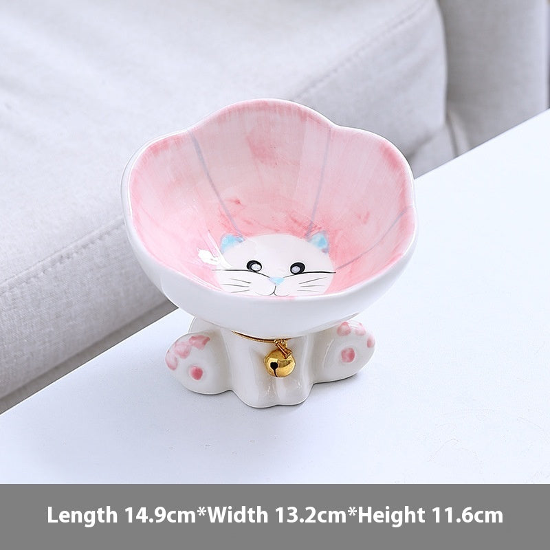 HKM-622419 Flower Design Ceramic Cat Bowl - Anti-Tumble Pet Tableware in Blue, Green, Pink, or Purple