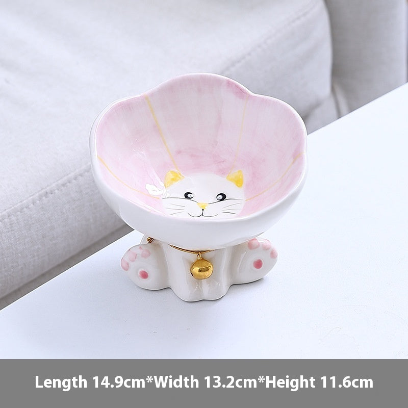 HKM-622419 Flower Design Ceramic Cat Bowl - Anti-Tumble Pet Tableware in Blue, Green, Pink, or Purple