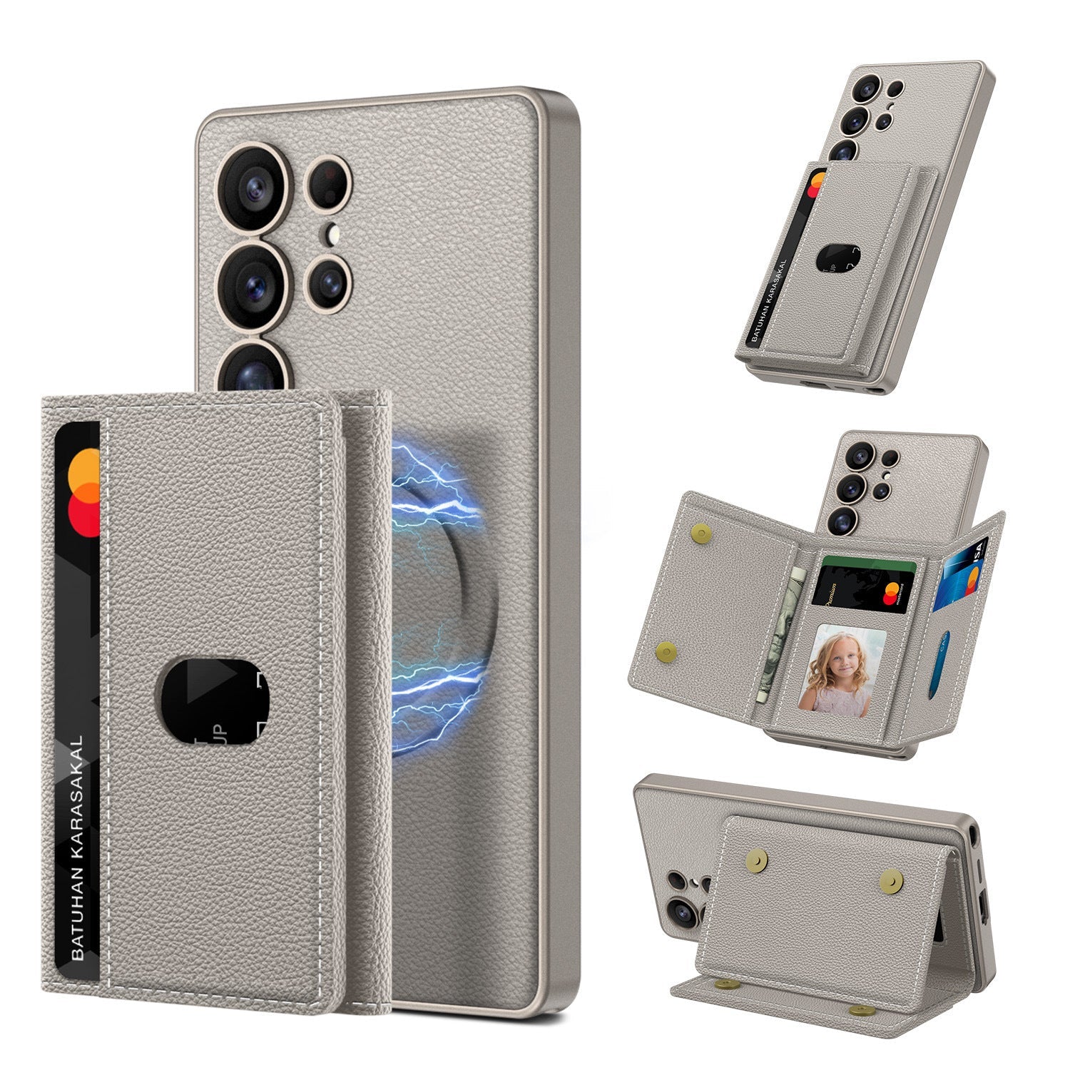 HKM-622483 Magnetic Split Wallet Phone Case with Built-in Wireless Charger and Stand for Samsung