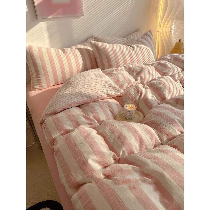 HKM-622547 Simple Striped Pure Cotton Bed Sheet Set with Pillowcases - Modern Twill Weave, 60 Thread Count