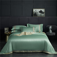 HKM-623315 Washed Silk Satin Striped Four-Piece Sheet Set in Temperament Gray, Green Lake, and Noble Blue