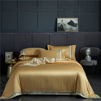 HKM-623315 Washed Silk Satin Striped Four-Piece Sheet Set in Temperament Gray, Green Lake, and Noble Blue