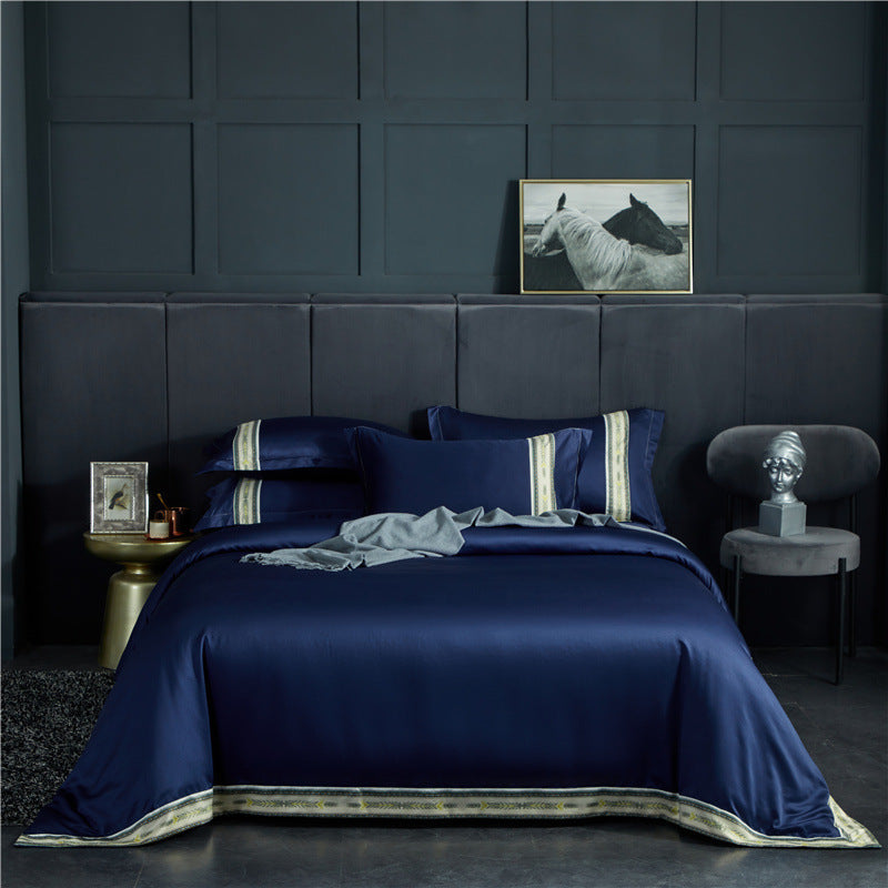 HKM-623315 Washed Silk Satin Striped Four-Piece Sheet Set in Temperament Gray, Green Lake, and Noble Blue
