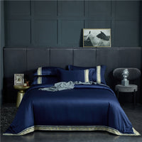 HKM-623315 Washed Silk Satin Striped Four-Piece Sheet Set in Temperament Gray, Green Lake, and Noble Blue
