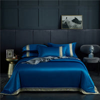 HKM-623315 Washed Silk Satin Striped Four-Piece Sheet Set in Temperament Gray, Green Lake, and Noble Blue