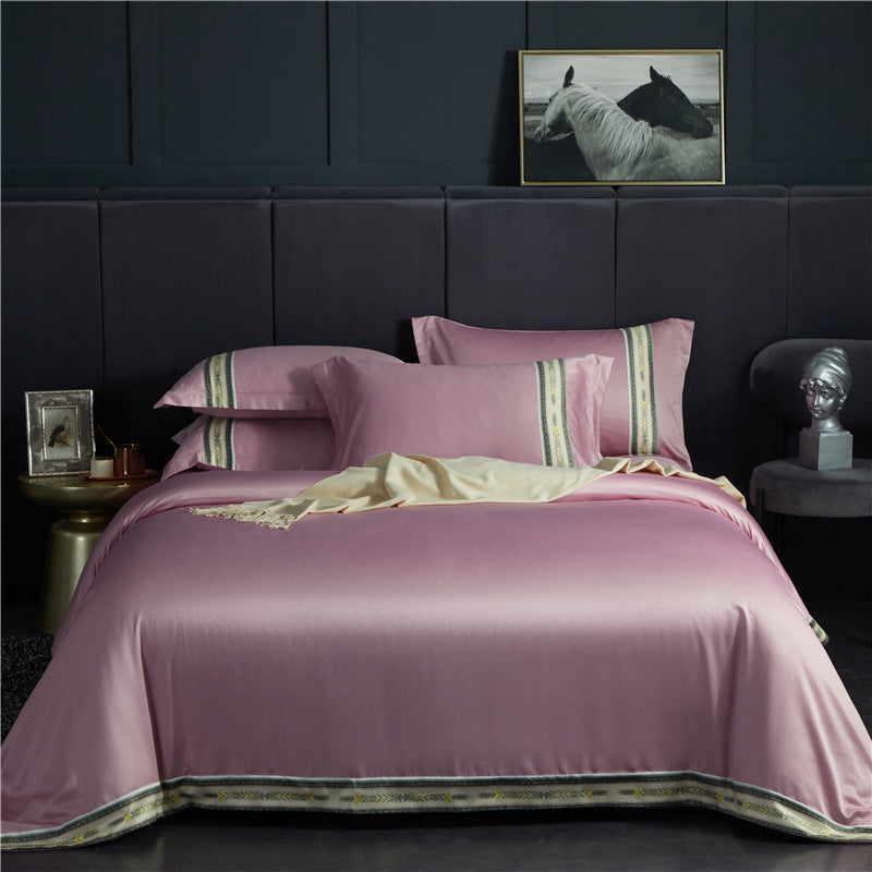 HKM-623315 Washed Silk Satin Striped Four-Piece Sheet Set in Temperament Gray, Green Lake, and Noble Blue