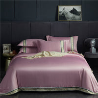 HKM-623315 Washed Silk Satin Striped Four-Piece Sheet Set in Temperament Gray, Green Lake, and Noble Blue