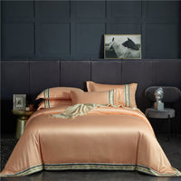 HKM-623315 Washed Silk Satin Striped Four-Piece Sheet Set in Temperament Gray, Green Lake, and Noble Blue