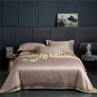 HKM-623315 Washed Silk Satin Striped Four-Piece Sheet Set in Temperament Gray, Green Lake, and Noble Blue
