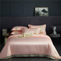 HKM-623315 Washed Silk Satin Striped Four-Piece Sheet Set in Temperament Gray, Green Lake, and Noble Blue
