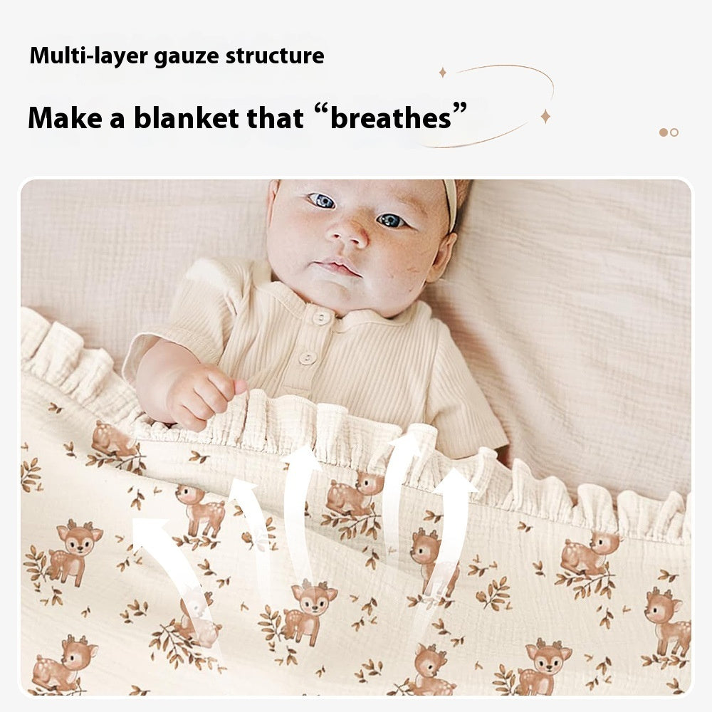 HKM-623379 Soft Cotton Gauze Baby Blanket - Multi-layer Ruffled Quilt in White and Pink