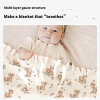 HKM-623379 Soft Cotton Gauze Baby Blanket - Multi-layer Ruffled Quilt in White and Pink