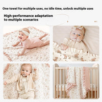HKM-623379 Soft Cotton Gauze Baby Blanket - Multi-layer Ruffled Quilt in White and Pink