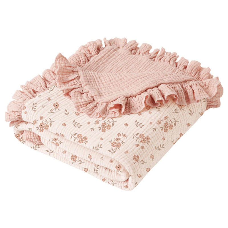 HKM-623379 Soft Cotton Gauze Baby Blanket - Multi-layer Ruffled Quilt in White and Pink
