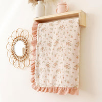 HKM-623379 Soft Cotton Gauze Baby Blanket - Multi-layer Ruffled Quilt in White and Pink