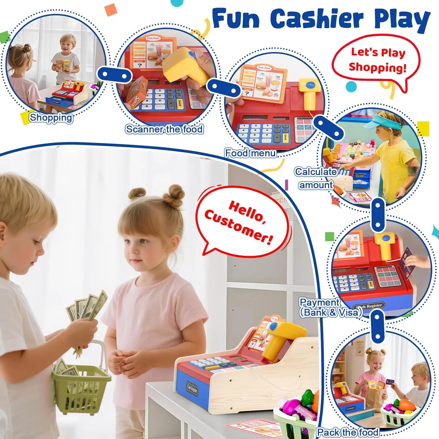 Wooden Pretend Play Cash Register with Scanner - Rechargeable Mini Toy for Kids