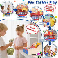 HKM-623507 Wooden Pretend Play Cash Register with Scanner - Rechargeable Mini Toy for Kids