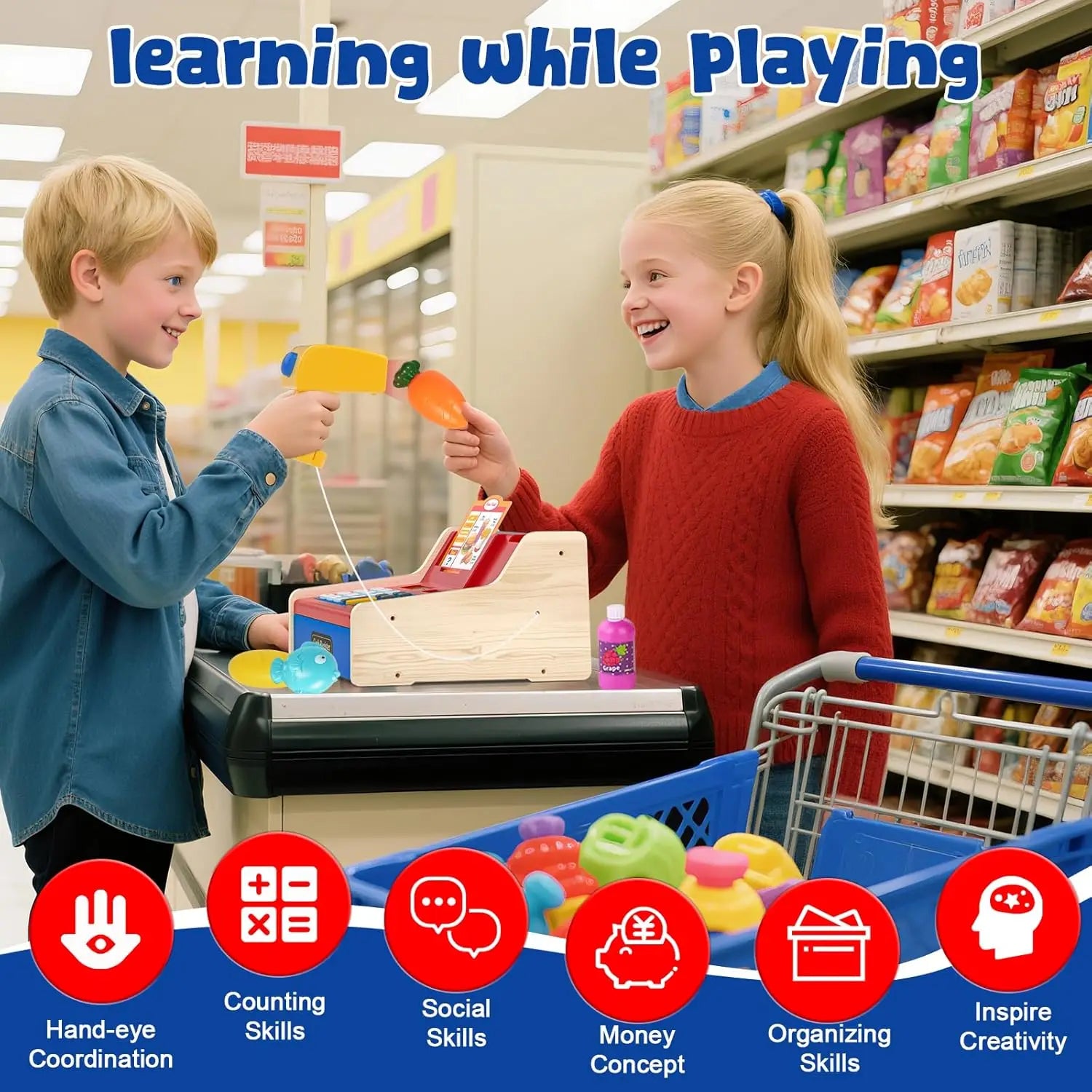 Wooden Pretend Play Cash Register with Scanner - Rechargeable Mini Toy for Kids