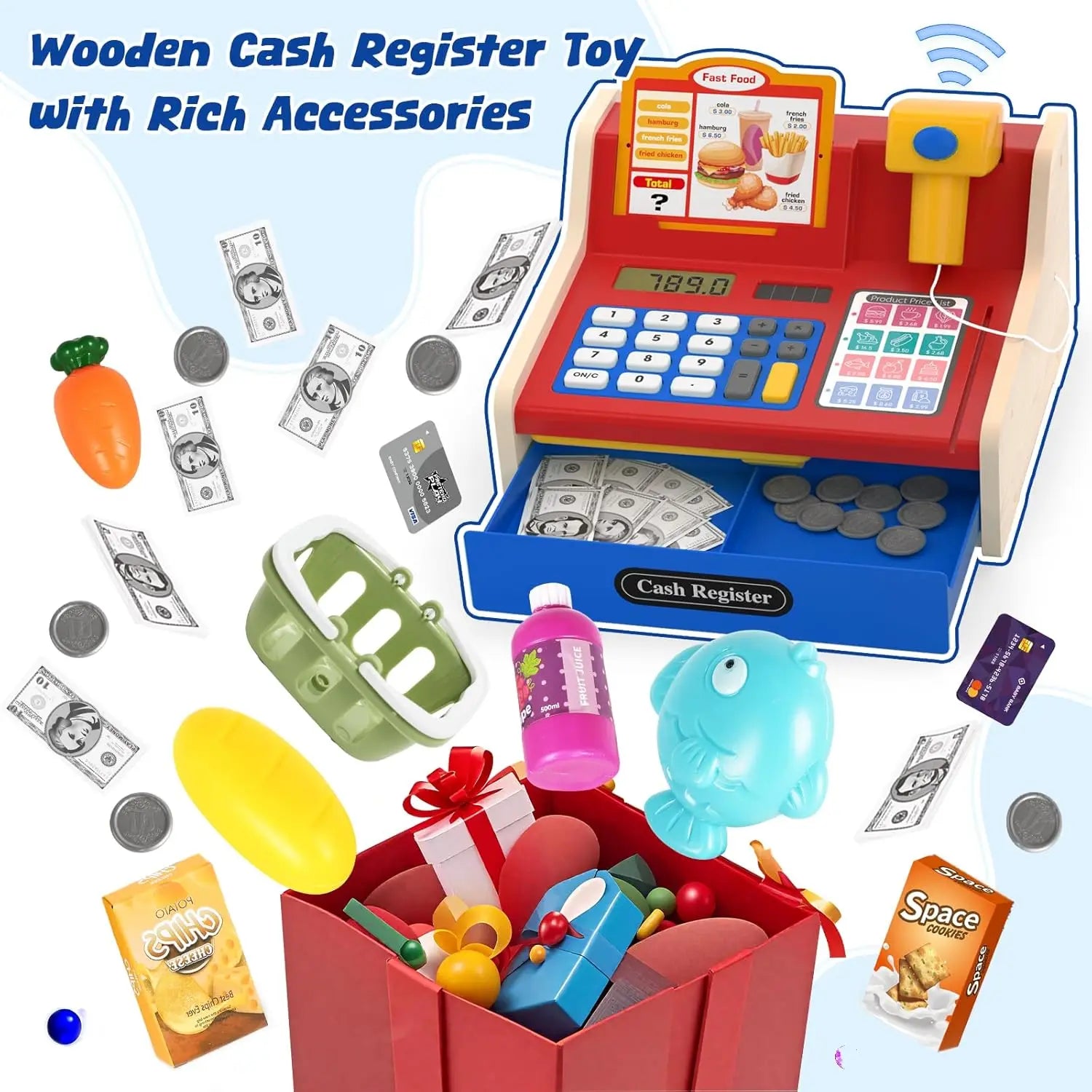 Wooden Pretend Play Cash Register with Scanner - Rechargeable Mini Toy for Kids