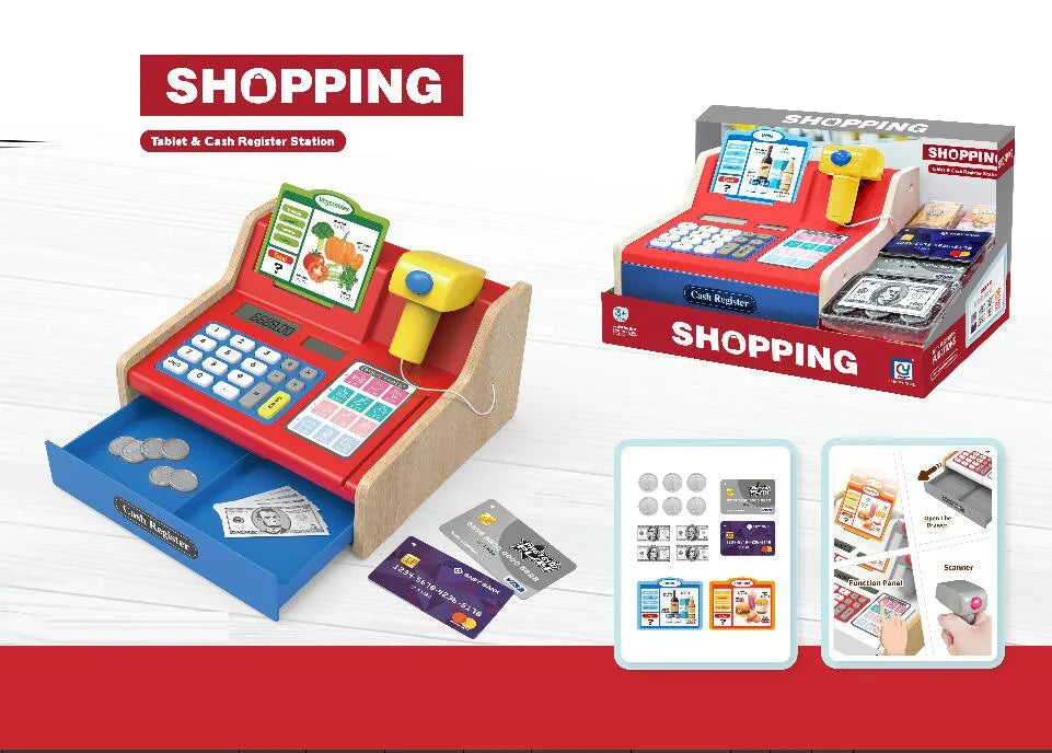 Wooden Pretend Play Cash Register with Scanner - Rechargeable Mini Toy for Kids