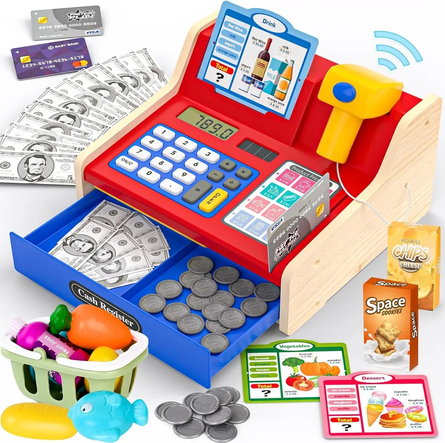 Wooden Pretend Play Cash Register with Scanner - Rechargeable Mini Toy for Kids