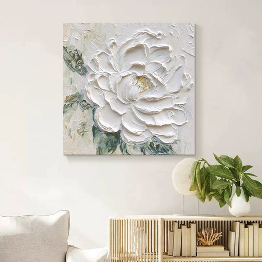 HKM-623635 Cream Wind White Peony Thick Textured Hand-Drawn Oil Painting – Frameless or Framed Options Available