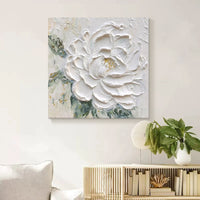 HKM-623635 Cream Wind White Peony Thick Textured Hand-Drawn Oil Painting – Frameless or Framed Options Available